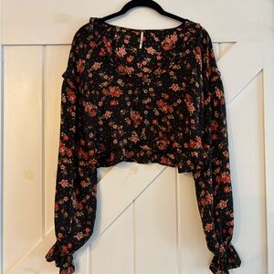 Free People Black Floral Long Sleeve Button Blouse